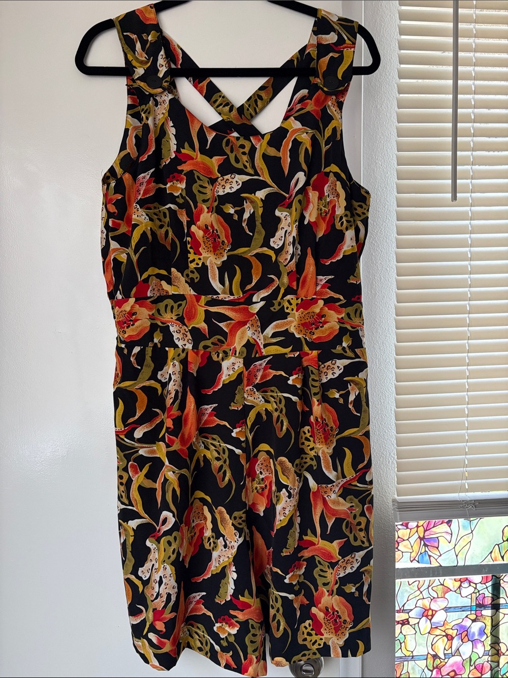 Kathie Lee Collection Black Floral Sleeveless Romper with Crisscross Back